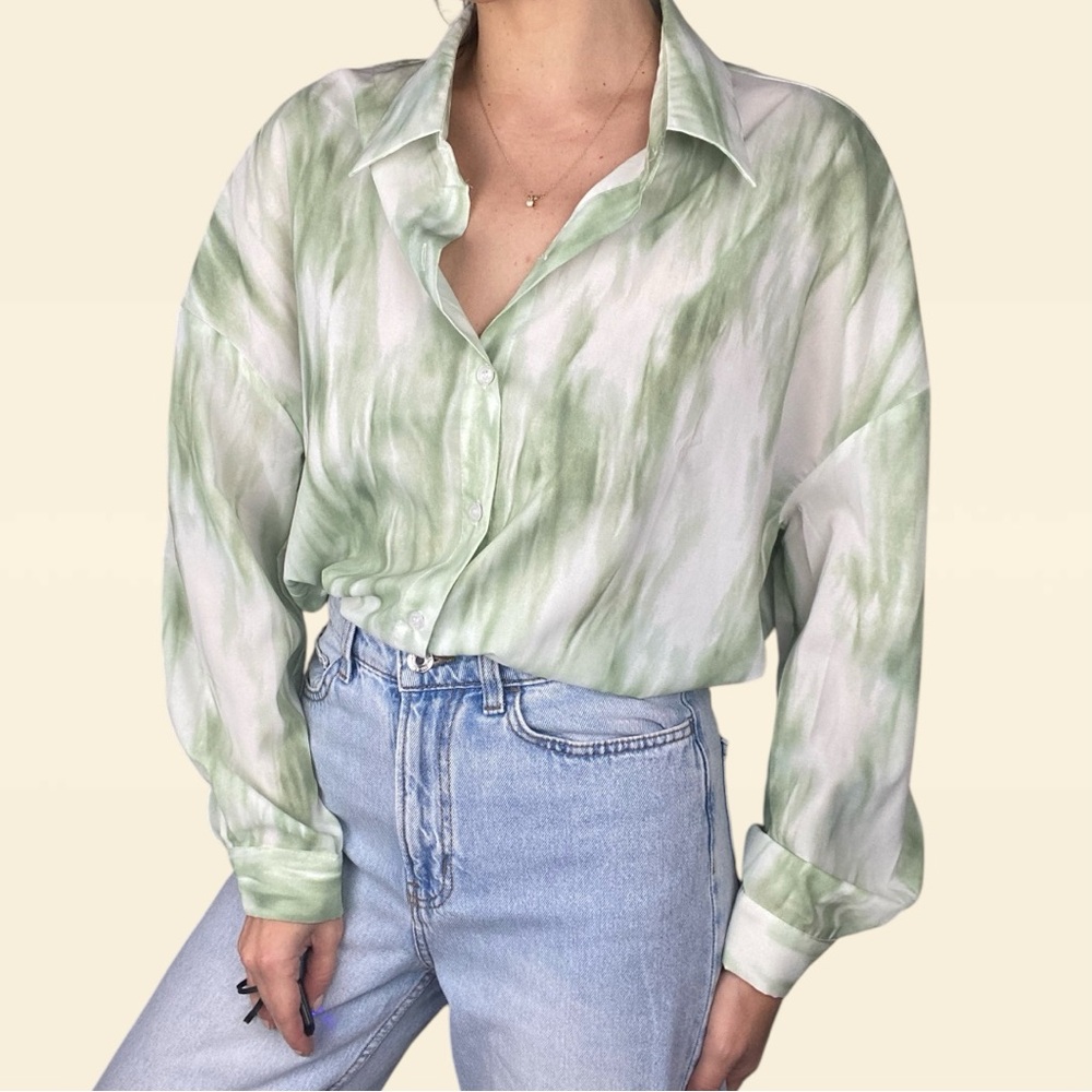 Green and White tie dye Watercolor Button-Down Blouse